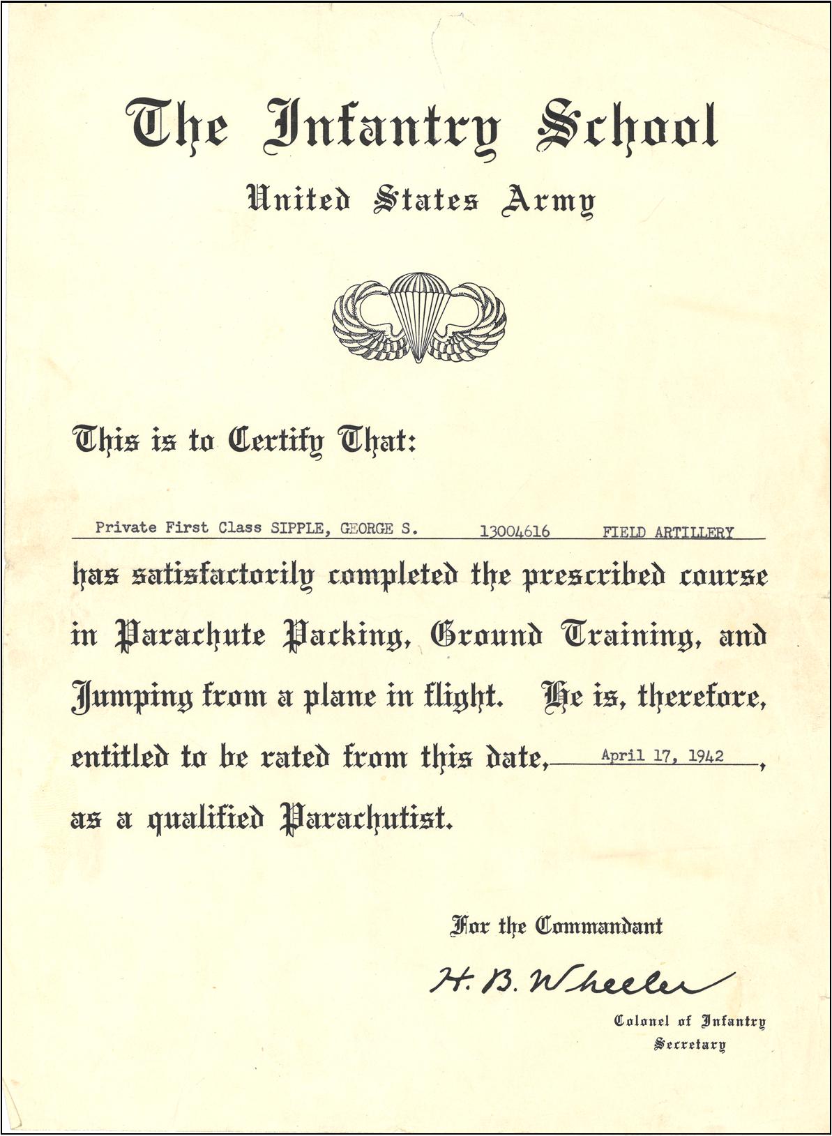 Sipple, George jump wings certificate 1942.